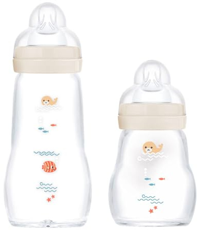 MAM Feel Good Glass Baby Bottle Pack of 2 (170 ml & 260 ml), with Teat 1 Slow Flow for Newborns, Unisex