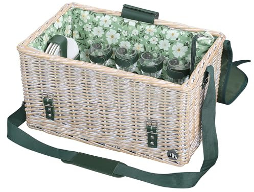 cilio Picknick-Korb Ponza, Für 4 Personen, Geflochtener Korb aus Weide, Deckel aus Bambus als Tisch nutzbar, Inklusive Teller Set, Besteck, Gläsern und Picknickdecke, Schultergurt, Vintage-Weiß
