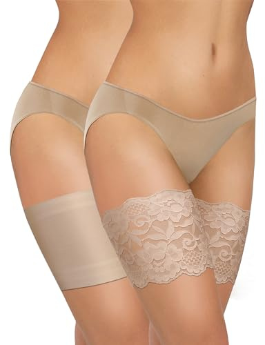 Sesto Senso 2 Pares de Bandas Antiabrasión para Muslos Encaje y Liso Bandas con 4 Tiras de Silicona 55-60 S Beige