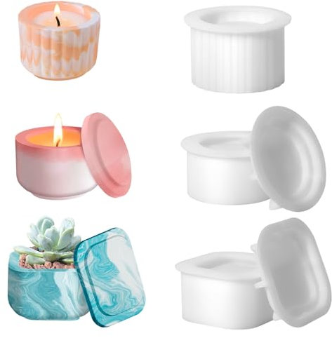 Votoko 3 Stück GießFormen Silikon Kerzenhalter, Silikonform Kerzenhalter Mit Deckel, Rund Quadrat, Gießform für Teelichthalter, Beton Vase, Vorratsgefäß,Beton Gips DIY Kerzen