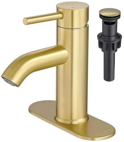 VOTON Brushed Gold Bathroom Faucet One Hole, Modern Single Handle Bathroom Faucet for 1 or 3 Hole Sink with Metal Pop up Drain, Deck Plate, for Vanity, Rv Sink