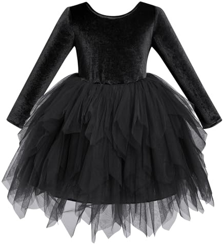 IDOPIP Robe de Velours Enfant Filles Manches Longues Automne Hiver Robe Irrégulière en Tulle Bow Asymétrique Mesh Ourlet Col Rond Noir 4-5y