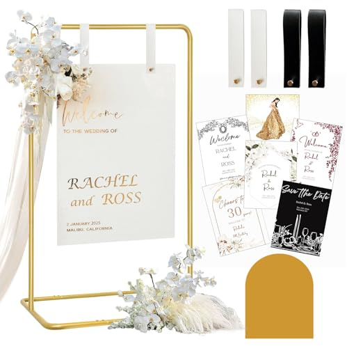 Wedding Sign Holder, Adjustable Welcome to Our Wedding Sign Stand W/Design Bundle & Leather Sign Hanging Straps, Heavy Duty Easel Stand for Sign, Wedding Seating Chart Stand, Easel for Display (Gold)