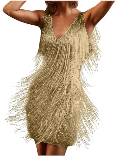 DUHENWU Robe Frange Dorée Plumes - Tenue Disco Courte Sexy - Col V - Danse Latine - Années 20 - Sans Manches - Formelle