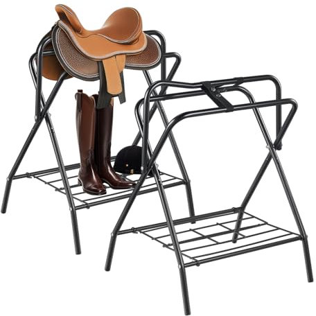 VEVOR Klappbarer Sattelhalter, 2er-Set Pferdesattelständer bis zu 60 kg, tragbarer Pferdedeckenhalter, robuster Sattelständer aus Stahl für englische und Westernsättel, Zaumzeugaufbewahrung, schwarz