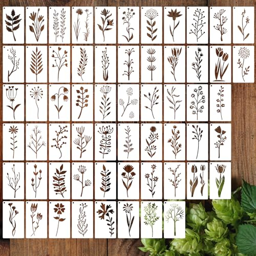 JSRQT 60 Piezas Plantillas de Flores Silvestres, Flor Hoja Plantilla de Plástico Reutilizables para Pintar, Kit de Plantillas Pintura de Dibujo para Manualidades Madera Lienzo Card Making, 3.5 × 2Inch