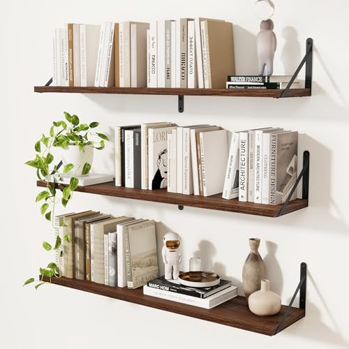 Feihorrm Set of 3 Book Shelf, Walnut Shelves, 90cm Wall Shelves | Wooden Shelves, Shelves for Wall, Wall Mounted Shelves, Bookshelf for Bedroom, Living Room, Home Office & Book Storage
