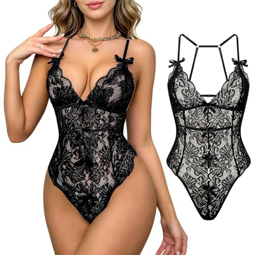 Women's Sexy Lace Bodysuit Teddy Lingerie - One Piece Floral Lace Backless Straps Deep V Nightwear- Hollow-out Chemise Negligee Jumpsuit Naughty Sleepwear, Valentine's Day Xmas Santa Chrismas S-XL
