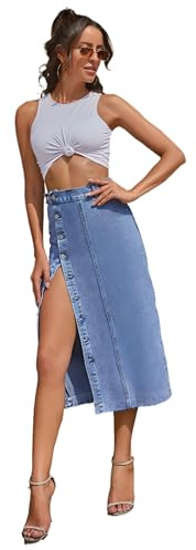 SUIUOI Dam jeanskjol, A-linje sommar jeans denim, sidoknappslå casual långa kjolar med slits, hög midja, raw fåll denimkjol – knapp jeanskjol med delad, Mörkblå, S