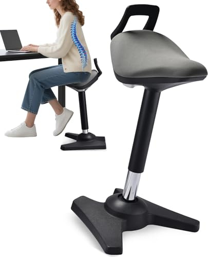 Stehhhocker mit Standard-Sattelkissen -Bürohocker Ergonomisch mit Wippfunktion, hocker höhenverstellbar zwischen 60-85cm, Sitzhocker mit rutschfestem Trapezfuß, Fördert das dynamische Sitzen (Grau)