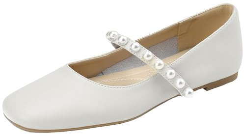XIEPP platta läderpumps för kvinnor med kvadratiskt tåområde och platt klack för att glida in i med pärlor, Beige, 36 EU
