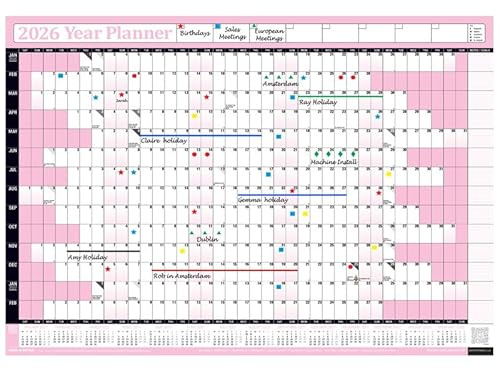 PlannerHead 2026 Wall Planner Baby Pink | Yearly Calendar 2026 for Students, Families, Businesses, Offices |UK & Ireland Bank Holidays |Unmounted & Unlaminated (Baby Pink, Large 49cm x 70cm - Rolled)