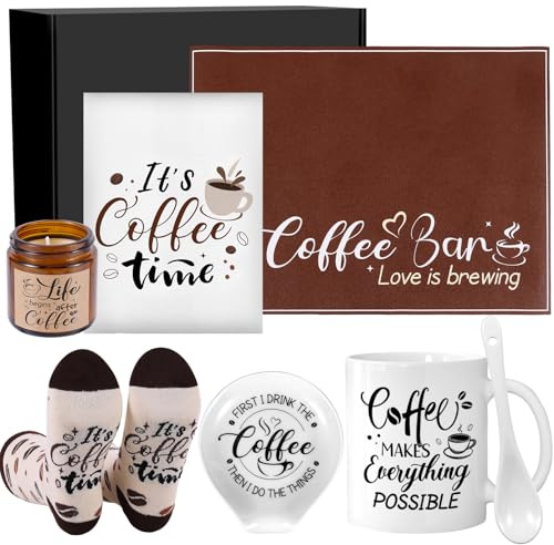 IUUIVV Coffee Lover Gifts, Coffee Gift Basket Set Includes Mug Spoon and Spoon Rest Towel Scented Candles Drying Mat Socks Birthday Christmas Gift Ideas for Women Men