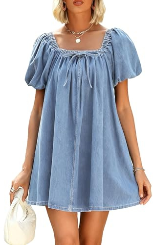 ThreeH Vestido para Mujer con Cuello Cuadrado, Lazo Delantero, Bolsillos y Manga Globos, Vestido Corto Cómodo y Casual