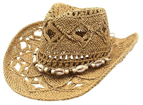 Générique Chapeau Cowboy en Paille avec Bandes décoratives, Cow-Girl Occidentale en Paille avec Bord façonnable pour Femmes et Hommes, Soleil Plage, Festivals, Concerts