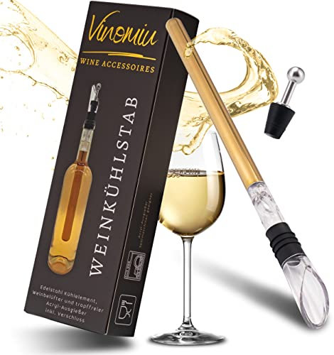 Vinomiu Weinkühlstab Gold – 3-er Set Edelstahl Weinkühler inkl. Ausgießer und Verschluss – Flaschenkühler Geschenk Set für Weinliebhaber – Weinzubehör für Weißwein, Rotwein & Sekt