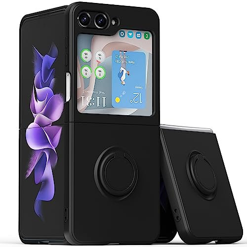 XINYEXIN Silicone Liquido Cover per Samsung Galaxy Z Flip 5 (Samsung Z Flip 5), Custodia Antiurto AntiGraffio con Supporto Anello a 360° Cordino Slim Silicone Case - Black