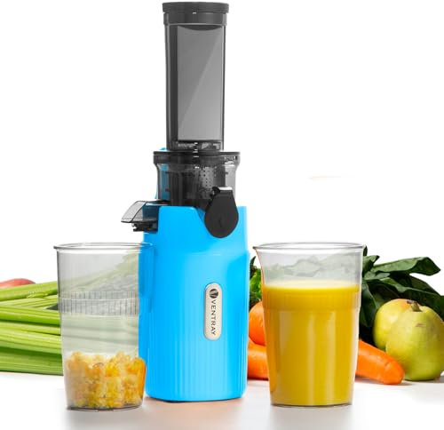 Ventray Ginnie Extracteur de Jus - Slow Juicer Pression Douce 60 Tours, Presse à froid, Fonction de Mastication Inversée, Extracteur de Jus de Fruits et Légumes Sans BPA, Facile à nettoyer, Bleu Ciel