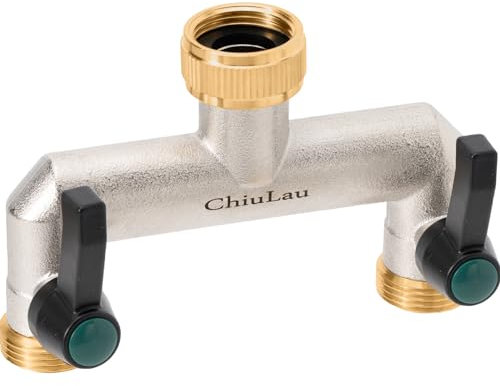 ChiuLau Brass Hose Splitter, 3/4 Inch 2 Way Tap Manifold with 2 Individual Valve and Extended Handle, Mounting Two Timer