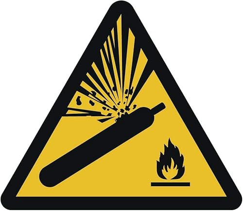 Cartel de plástico de advertencia de botellas de gas, diámetro de 10 cm, según ISO 7010, ASR A1.3 (resistente a la intemperie)