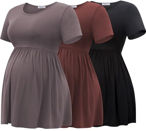 Bearsland Maternity Toppar kortärmad Scoop Neck Breast Feeding T-shirt Pregnancy Clothes, Svart och nötskal & koppar brun, L