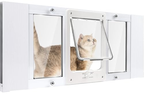 Cat Door for Window & Small Dog, Quick Damage-Free Install, 28-32 Width Adjustable, All Aluminum Frame, 4-Way Lock, Magnetic Closure Cat Window Door, Extra Window Lock & Sealing Strips (M)