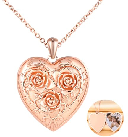 MICSAVI Collana Rose Foto Personalizzata Medaglione Cuore in Argento 925 per Donna Ragazza, Ciondolo Cuore con Tre Rose, Regalo Gioiello Portafoto per Fidanzata Madre Figlia