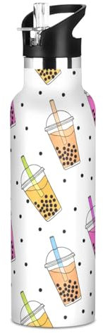 Botella de agua para niños para la escuela, botella de 20 onzas para niños y niñas, sin BPA, té de burbujas de dibujos animados