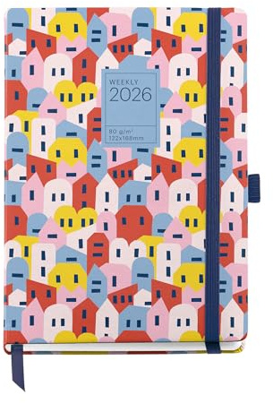 Miquelrius - Veckovisningskalender 2026, lätt att bära (122 x 168 mm), veckoplanering, hårt kartongomslag, spiral, elastisk gummiförslutning, papper 80 g/m², CAT-EN-PT, hus