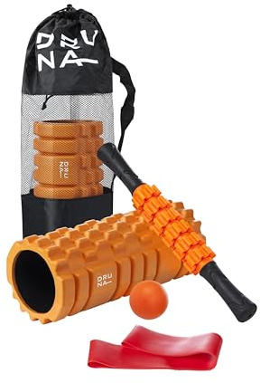 Kit para Pilates en Casa 4 en 1 Foam Roller Rodillo Masaje Muscular 33x14cm con Palo Masajeador Pelota Masaje Banda Resistencia y Bolsa Miofascial Portatil para Recuperación Muscular Fitness Yoga