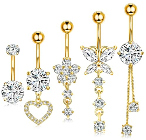 ZHITENG 5 Pièces Piercing Nombril Acier Chirurgical, Belly Button Rings Pendentif Long, Piercing Nombril Acier Inoxydable Comprend des Formes de Papillon, de Fleur et de Cœur(Or)