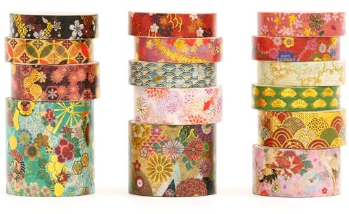 Songdao 15 rullar, japansk Sakura Washi-tejp, set, traditionell kimono, dekorativa maskeringstejp, färgstark för konst, gör-det-själv-hantverk, dagbok, planerare, scrapbook, förpackning (stil 1)