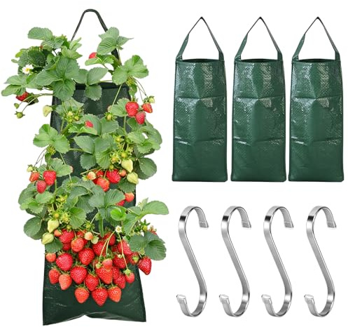 ZMCVOE Saco colgante para plantas, 4 unidades de fresa con 10 agujeros, bolsa para plantas con asas y ganchos, bolsas para plantas al aire libre, fresas, tomates, hierbas, verduras