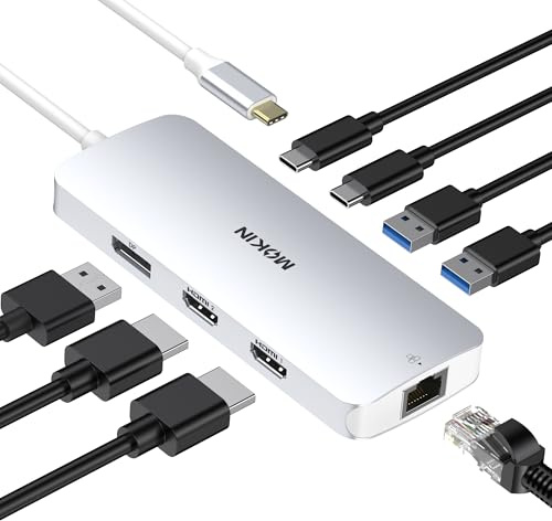 MOKiN Estación de acoplamiento USB C 3 monitores, base para portátil con 2 HDMI, DisplayPort 4K, Ethernet de 1 Gbps, carga PD de 100 W, 3 USB A/C 3.0, adaptador multipuerto USB C Hub para Dell XPS/HP