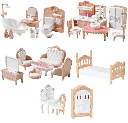 32 Pcs Doll House Furniture Set, Miniature 1:12 Scale Mini Dolls House Furniture with Kitchen, Dining Room, Living Room, Bedroom, Bathroom for Playhouse