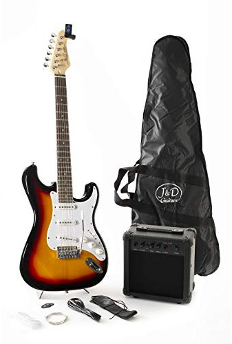 J & D ST Rock Guitar Einsteiger Set mit Sunburst ST-Stil E-Gitarre, Verstärker, Stimmgerät, Gigbag, Kabel, Gurt, Plektren, Saiten