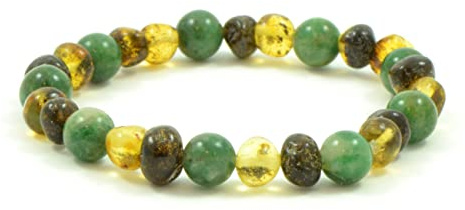 Pulsera de ámbar para adultos mezclada con cuentas de jade africano – 18 cm – Color verde – Hecho en banda elástica – (7 pulgadas (18 cm), ámbar verde/jade africano) {0053}