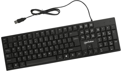 Manhattan,Teclado para computadora con cable,Teclado básico negro,con cable USB-A de 4 pies, 104 teclas, soportes plegables,Compatible para Windows, PC, 3 años de garantía Mfg,179324