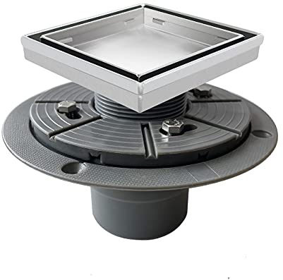Bernkot Square Shower Drain 4 with 2 PVC Flange Base, 304 Stainless Steel Tile in Floor Drain w/Tiled Insert Grate & Hair Catcher, CUPC Certified, Brushed (Brushed, 4'')