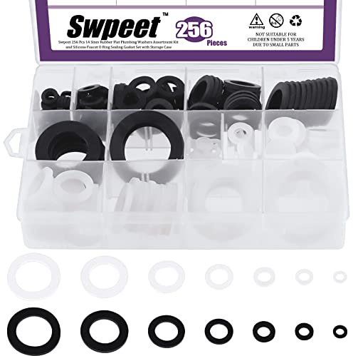 Swpeet Set di guarnizioni piatte in gomma e silicone, 256 pezzi, 7 misure, set di guarnizioni per tubi, rondella per soffione doccia, rubinetto da giardino