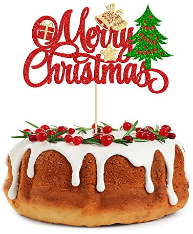 Gyufise 1 Pack Merry Christmas Cake Topper Red Green Christmas Tree Bell Cake Pick Decorations for Merry Christmas Holiday Theme Happy New Year Party Supplies