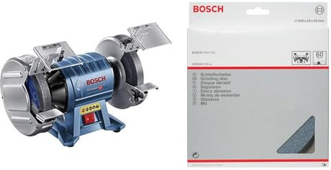 Bosch Professional Touret à Meuler GBG 60-20 (600 W, Ø de la meule : 200 mm, Largeurs des meules : 25 mm) 060127A400 Bleu + Bosch Accessories Meule pour Touret à Meuler, 60 Grain, 32mm Alésage