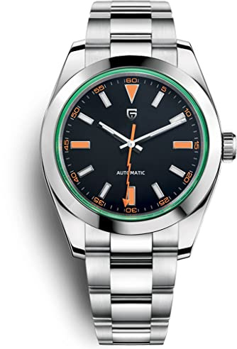 Pagani Design 1733 Montre automatique pour homme Mouvement japonais Verre vert Pointeur Lightning Bracelet en acier inoxydable Étanche Mode Casual Montre à remontage automatique, Noir , Sport