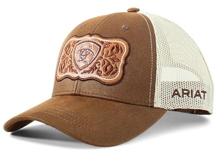 ARIAT Women's Trucker Cap with Leather Floral Patch and Snapback Closure (Brown)