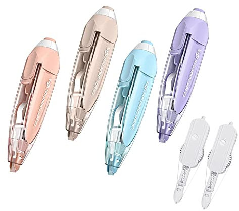 FANNAS Korrekturroller 4er Pack mit 2 Ersatzkern Correction Tape Korrekturroller zum Seitlichen Korrigieren 6m x 5mm Correction Tape für das Büro, das Home Office Oder die Schule