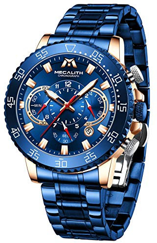 MEGALITH Herrenuhr 45mm Chronograph Quarz Herren Armbanduhr Edelstahl Groß Wasserdicht Leuchtend Kalender Uhren Herren Blau, Geschenk für Männer