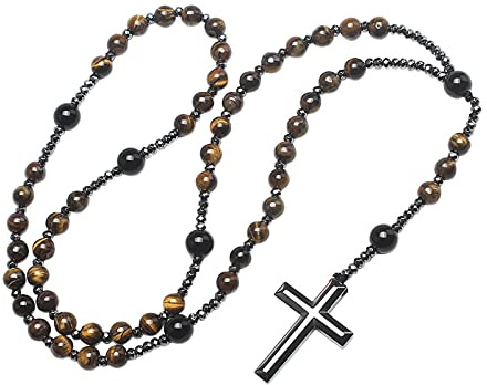 RUIXIA Collier Chapelet Croix Catholique Perles de Prière en Pierre Naturel avec Croix Collier Chapelet de Perles en Pierre Collier Pendentif de Croix Collier Religieux Catholique de Prière