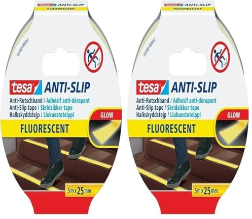 tesa Anti-Rutschband - Rutschfestes Klebeband für innen und außen - Für Treppen, Leitern und glatte Böden - Fluoreszierend - 5 m x 25 mm (Packung mit 2)