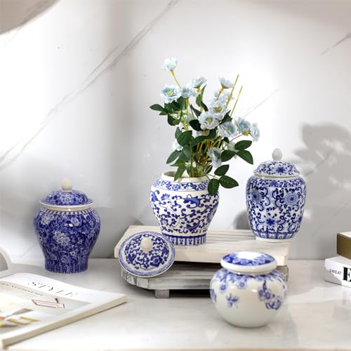 Hushee Small Blue and White Ceramic Ginger Jars Blue Chinoiserie Decor Vases Porcelain Ginger Jars Porcelain Vases for Home Chinoiserie Decor for Bedroom Table Accent Shelf Tabletop(Classic,4 Pcs)