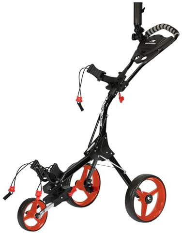 Benross By American Golf Pro Compact Golf Push Trolley with 3 Wheels - Folding Design, Height Adjustable Handle, Quick-Release Wheels & Foot Brake, Lightweight Steel Frame - Black/Red
